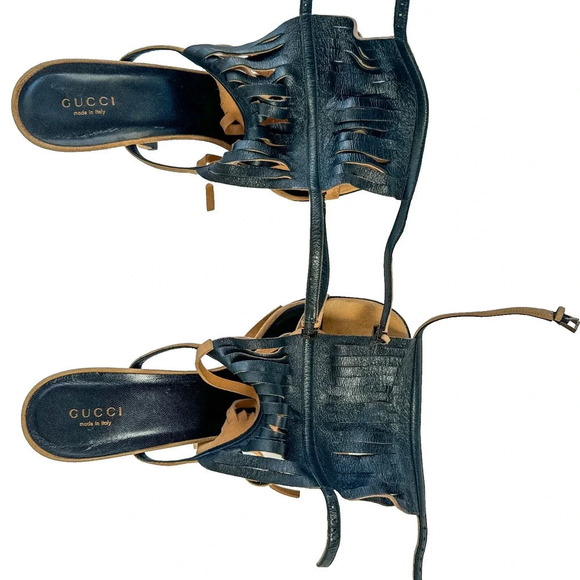 Gucci Becky Suede Fringe Camelia color Gladiator Sandal Heels 40/ US 10 - Picture 14 of 16